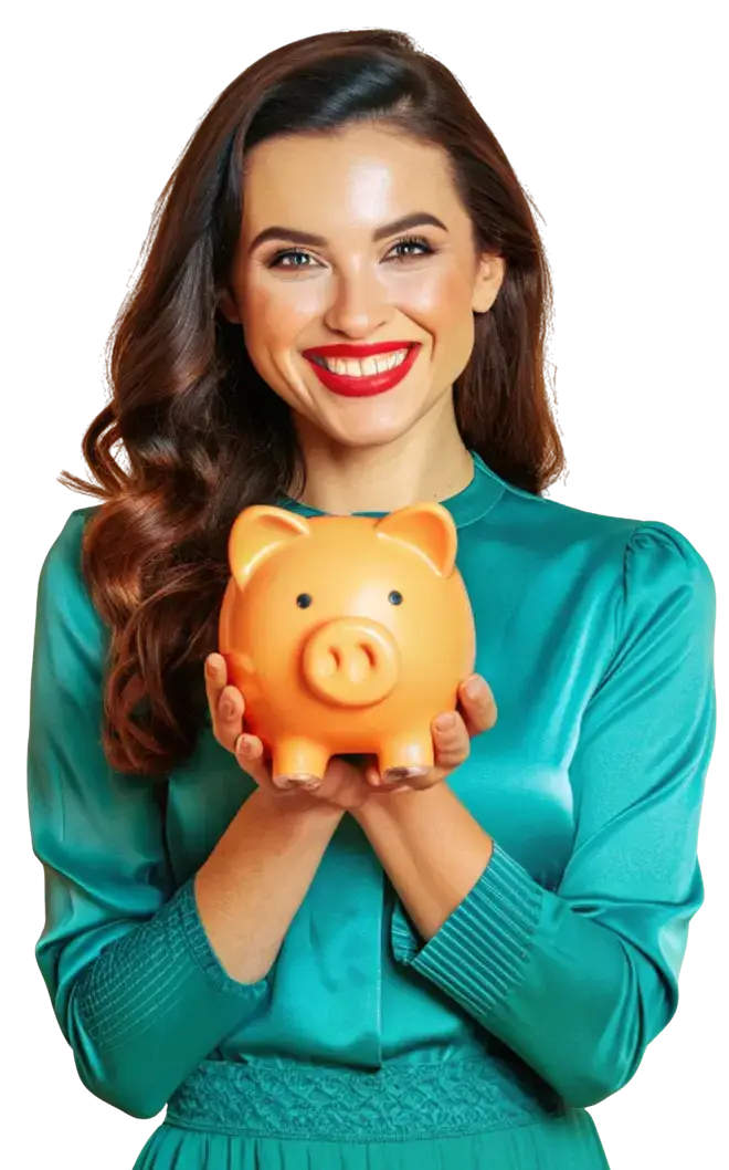 Mujer con alcancía sonrisa roja 1